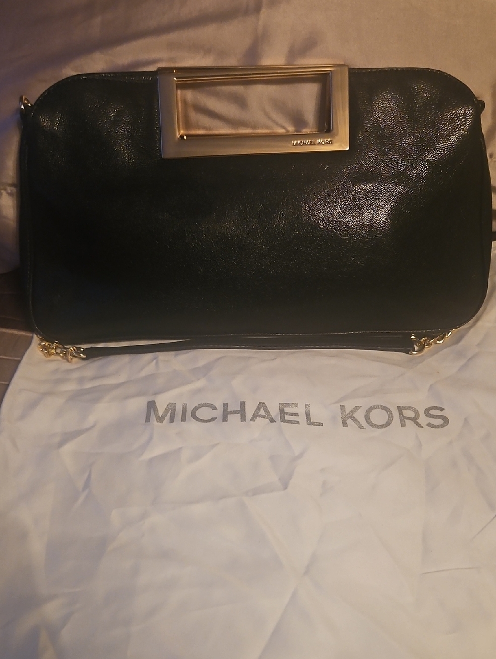 Michael Kors Black Leather Clutch with Gold Handle